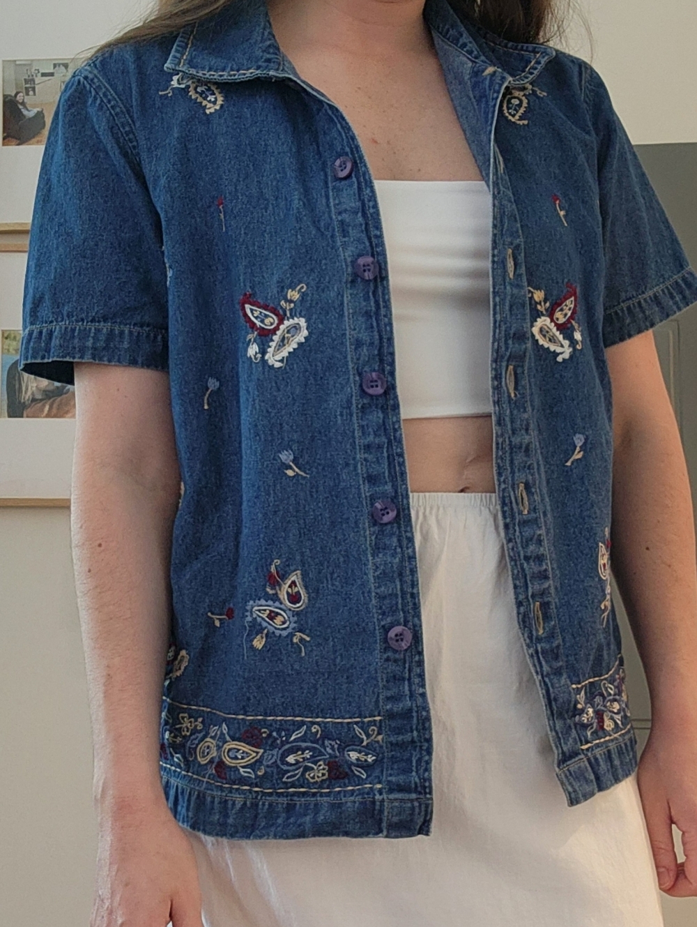 Vintage Paisley Embroidered Short-Sleeve Denim Button-Up Shirt